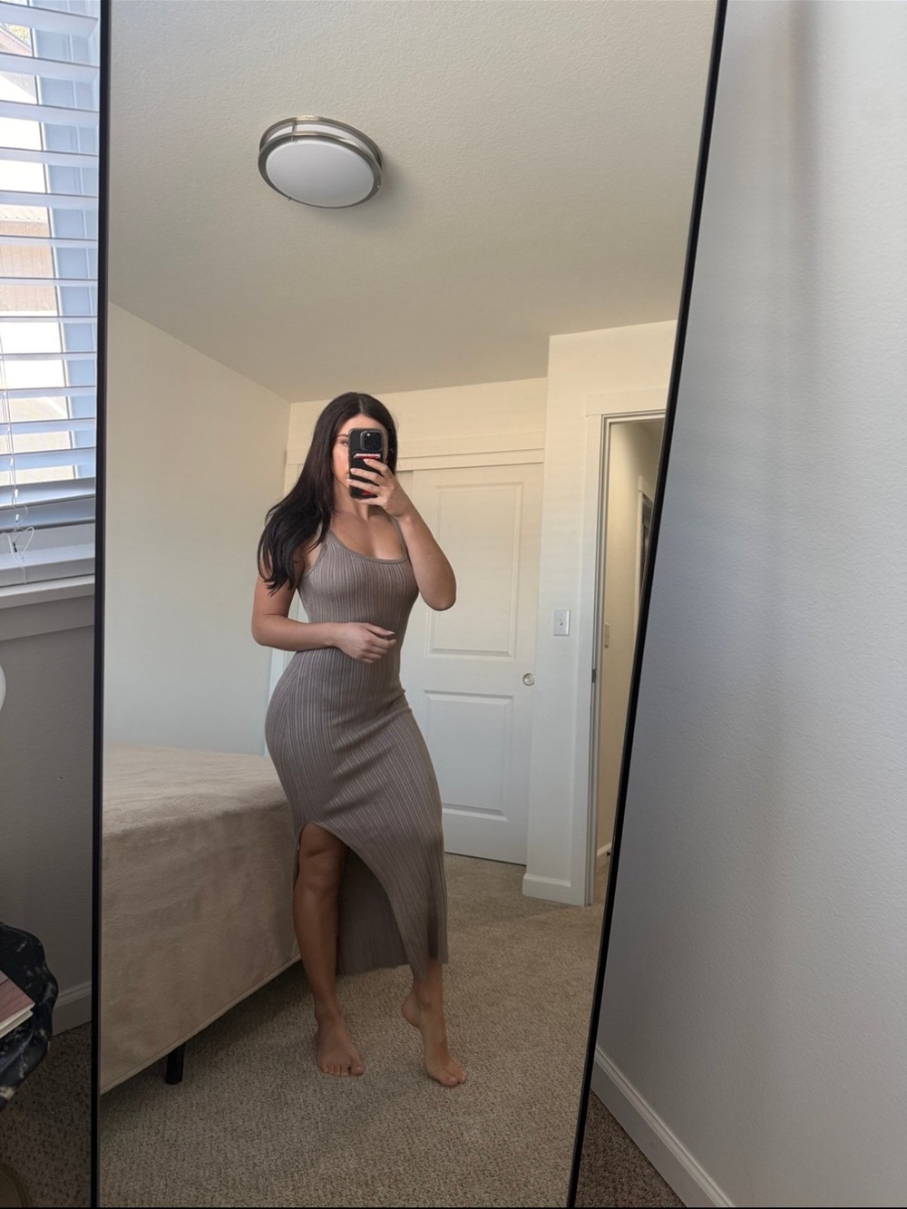 Abercrombie & Fitch Taupe Ribbed Tank Midi Dress with Side Slit - Picture 2 of 7
